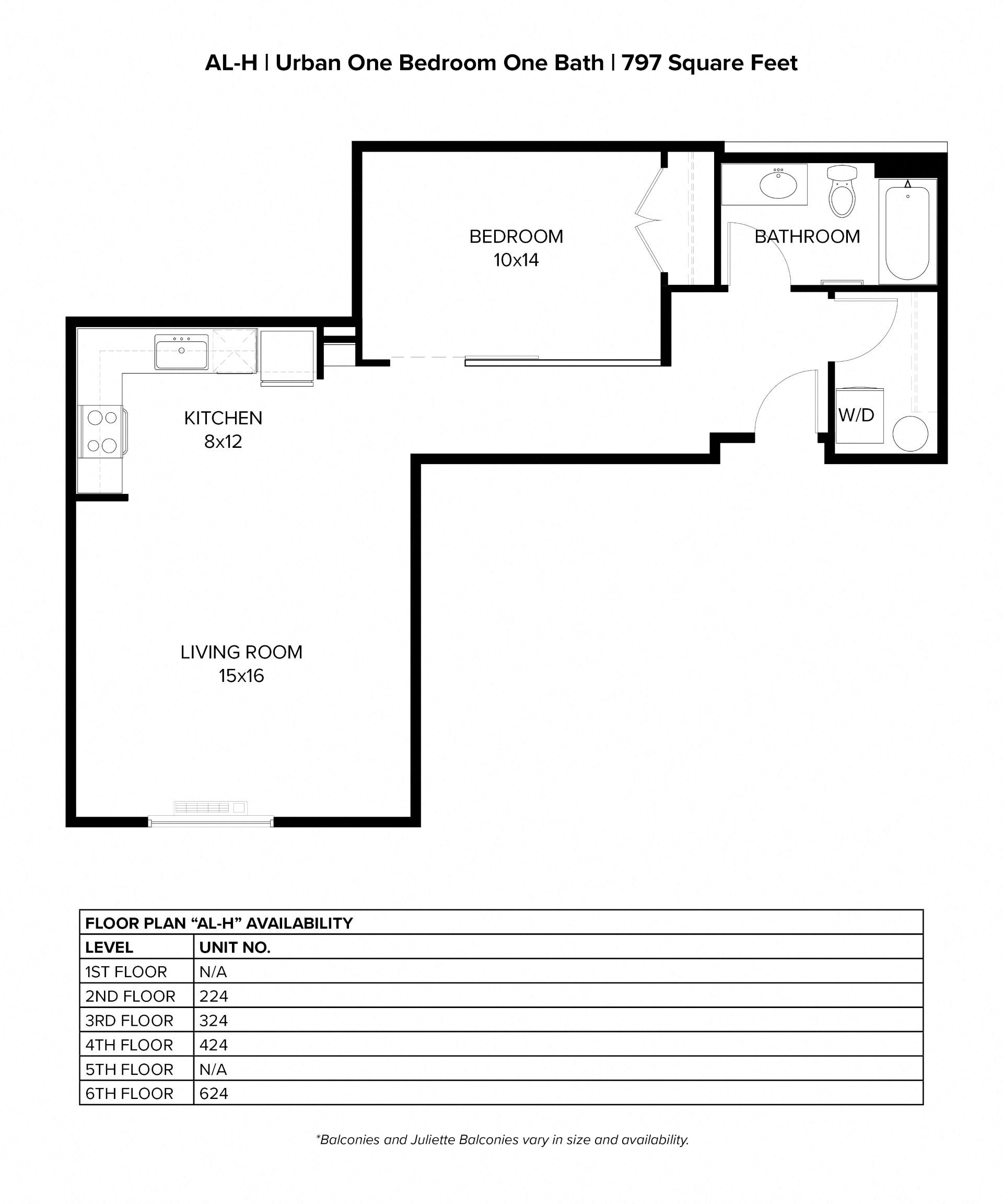 Floor plan for 1 bed, 1 bath, 797 sqft